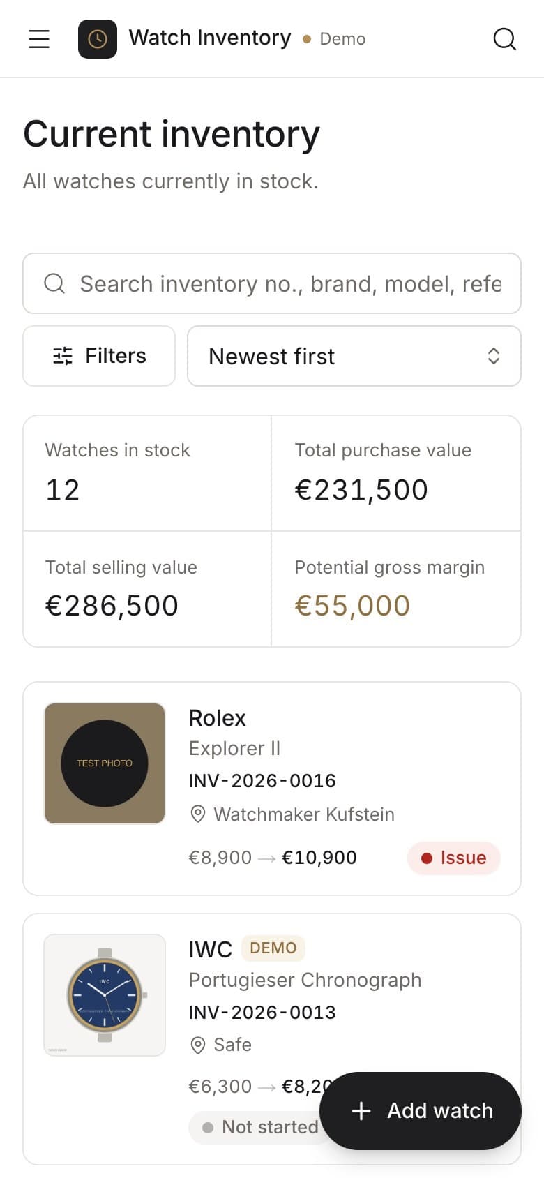 Inventory on a phone with watch cards and totals