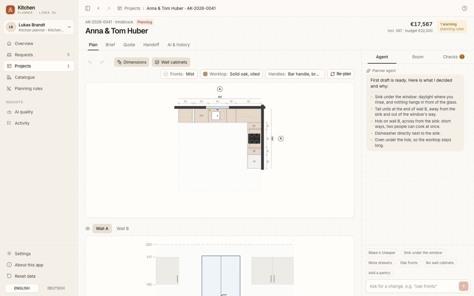 Planner workspace with floor plan, wall view and the agent explaining its decisions