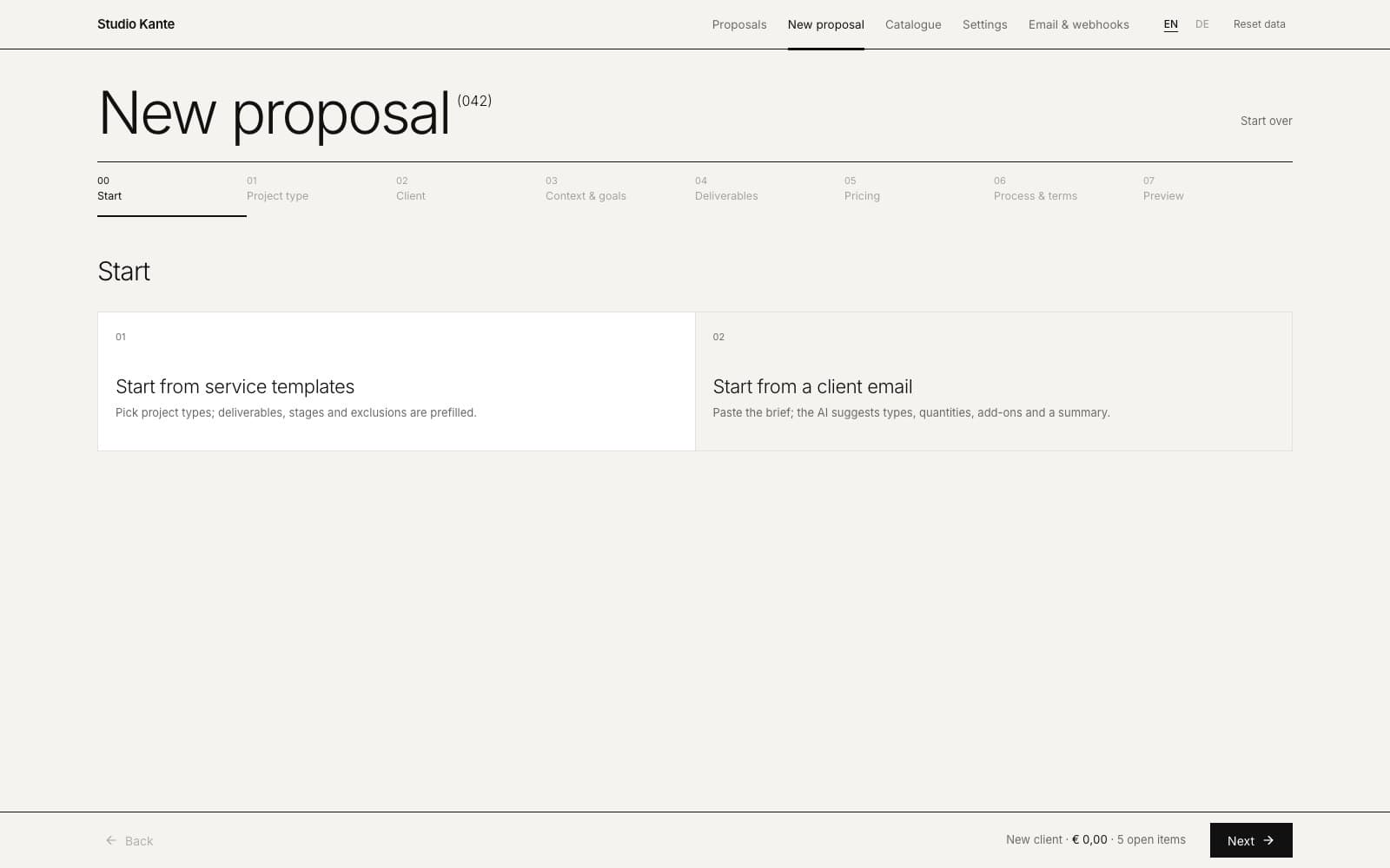 New proposal wizard with the choice between templates and a client email