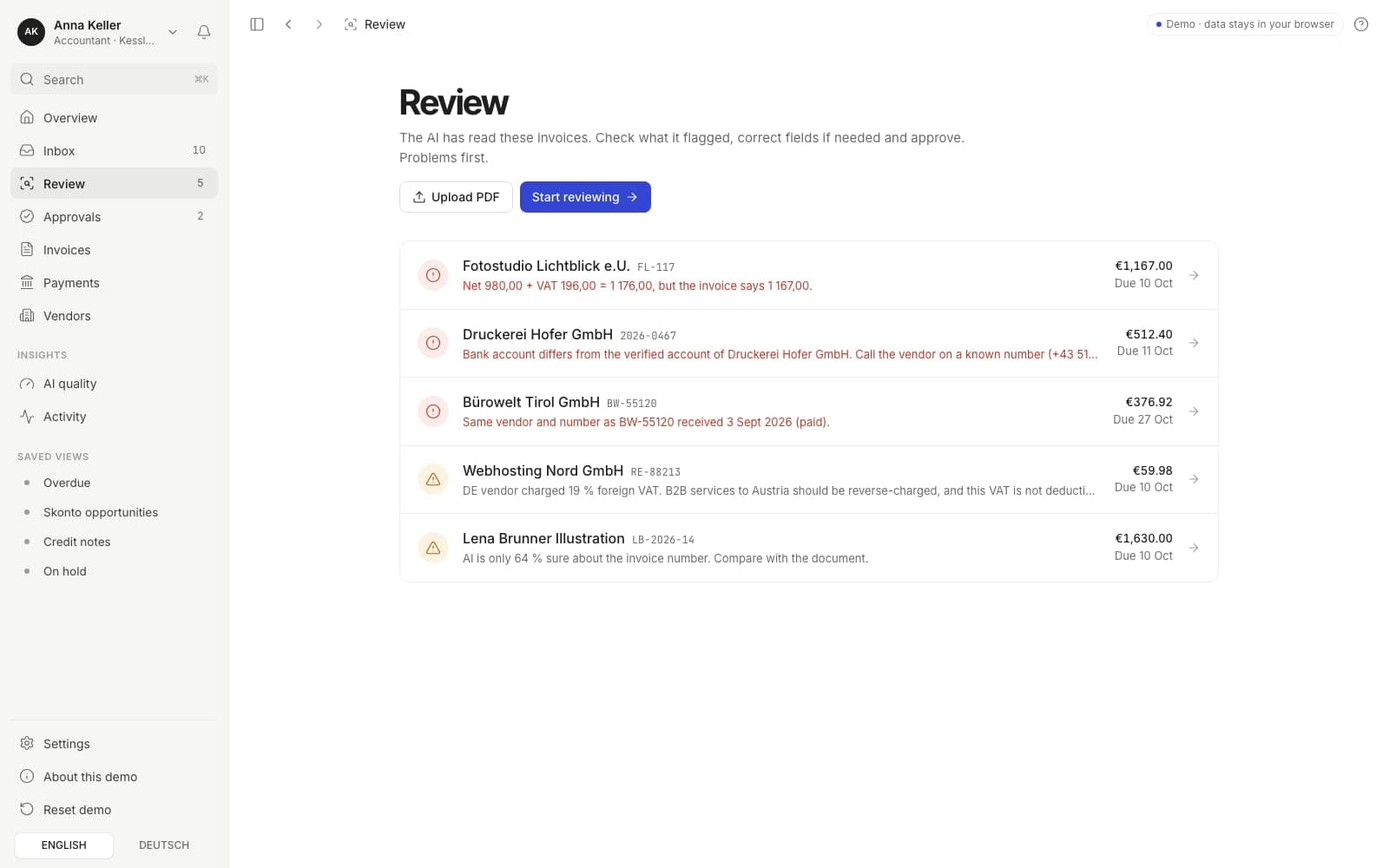 Review queue listing invoices with flagged problems first