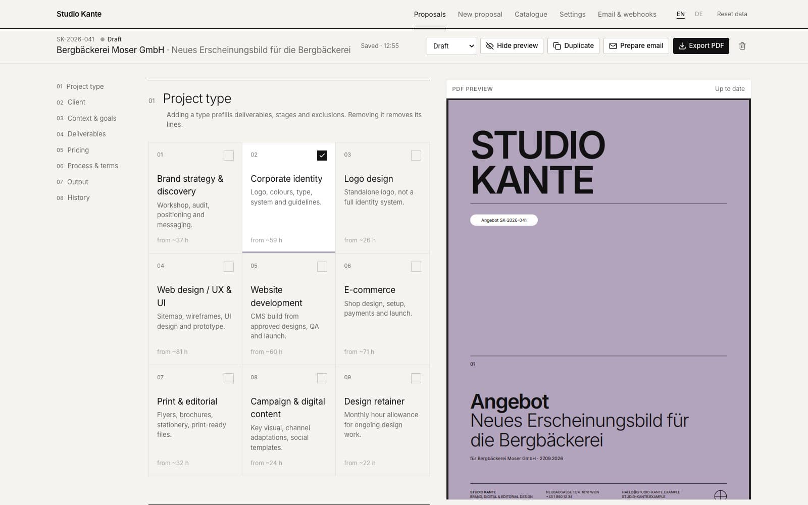 Proposal editor with project types on the left and a live PDF preview on the right